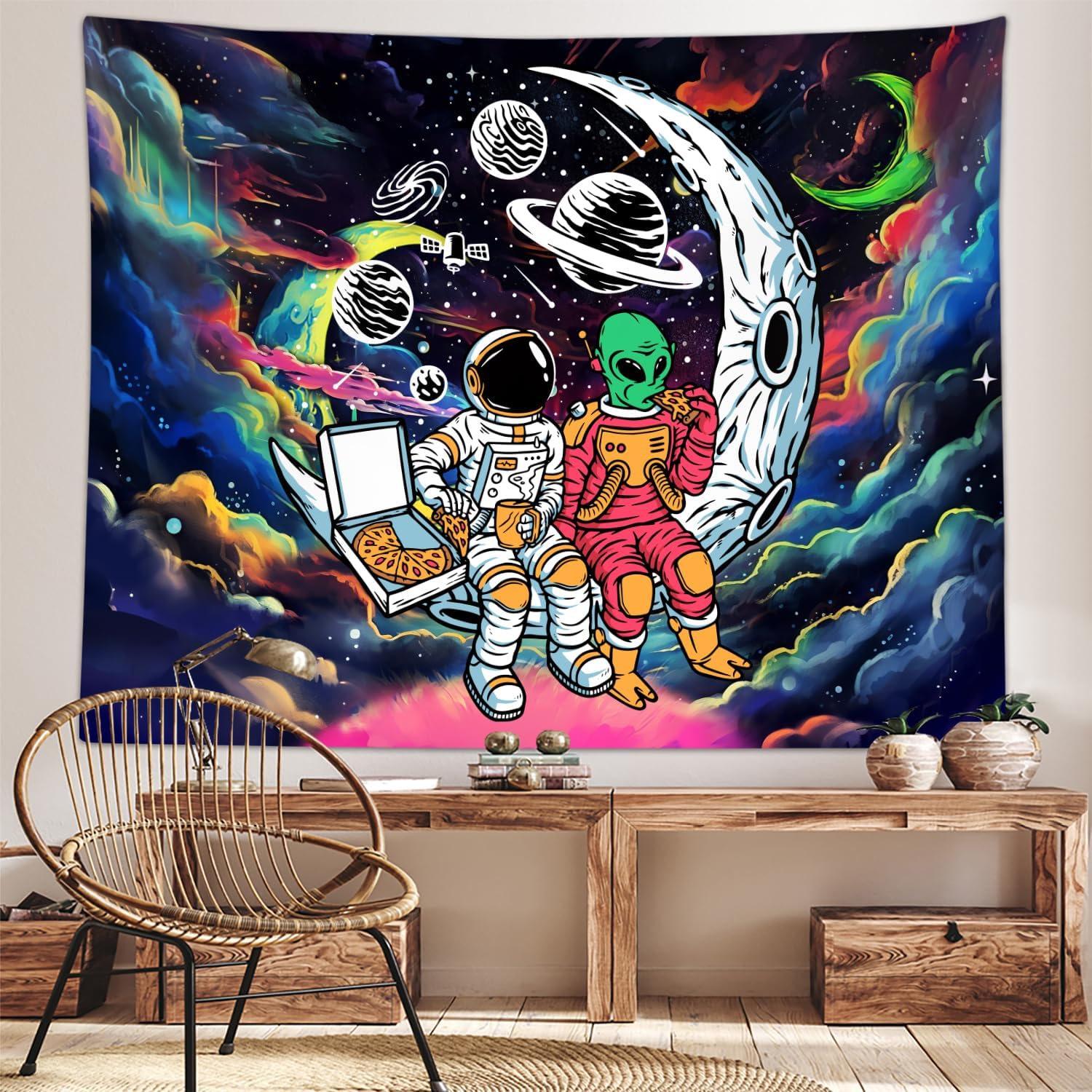 Sanzugh Funny Space Astronaut Alien Extra Large Tapestry for Men Guys Bedroom, Cool Trippy Universe Planet Art Tapestries Wall Hanging College Dorm Boys Room Decor 90"X70", Blacklight Galaxy Poster