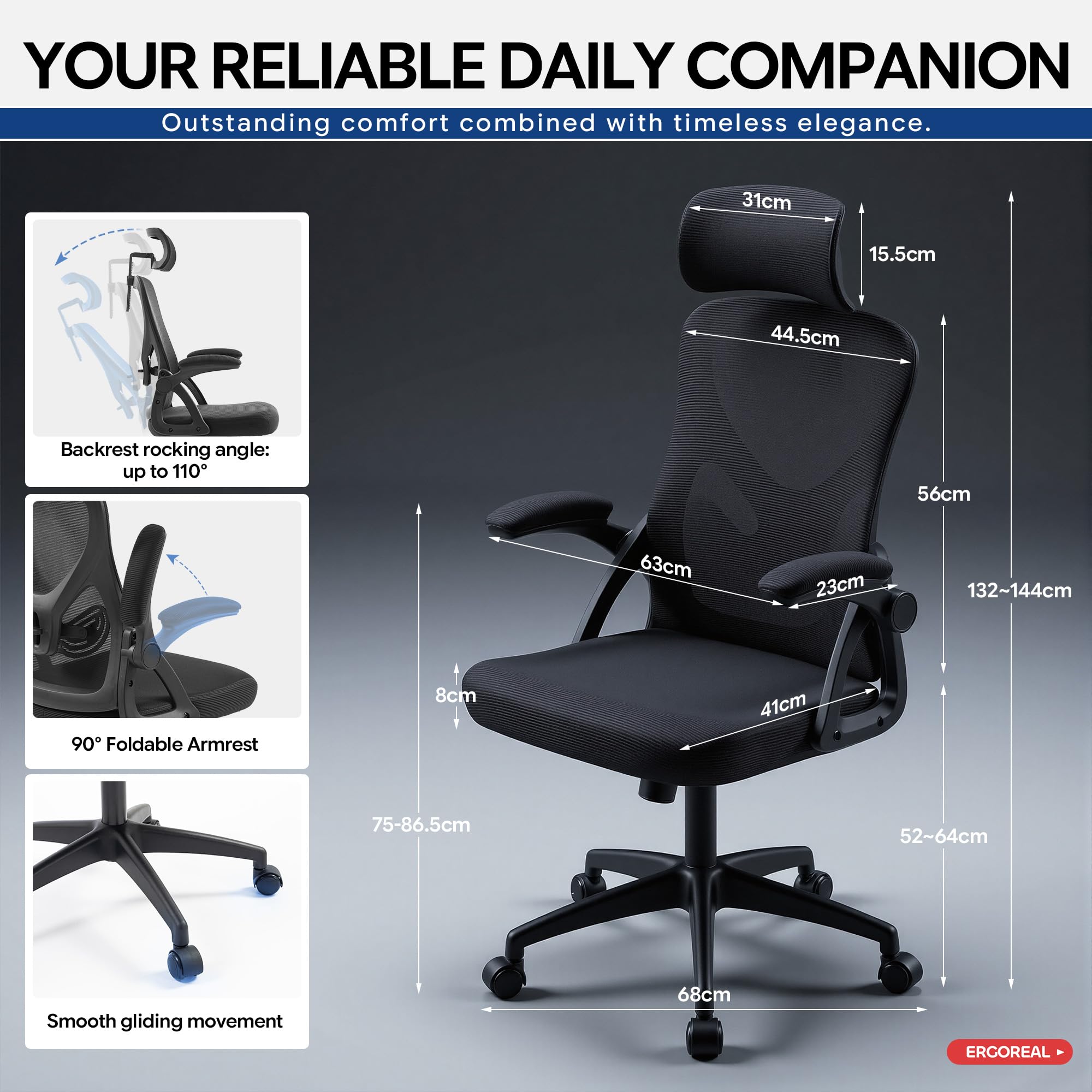 Ergoreal Ergonomischer Mesh‑Bürostuhl für Home Office, mit Verstellbarer Lendenstütze & 2D‑Kopfstütze, klappbare Armlehnen, leise PU‑Rollen, stabile Gasfeder Klasse 3, bis 140 kg(Tiefe Schwarz) - 2