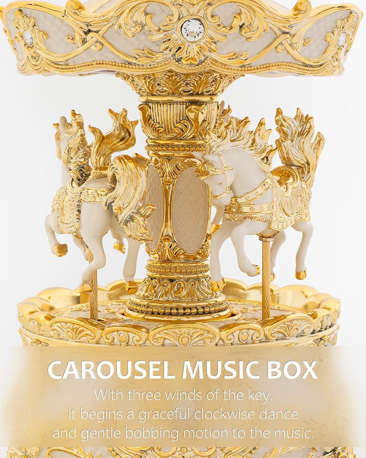 Golden Ivory Carousel Horse Music Box - Wind Up Rotate Christmas Music Box Ornament for Home Table Decor, Valentines Day Snow Globes Christmas Decorations Gifts for Couples Women Men Kids Family
