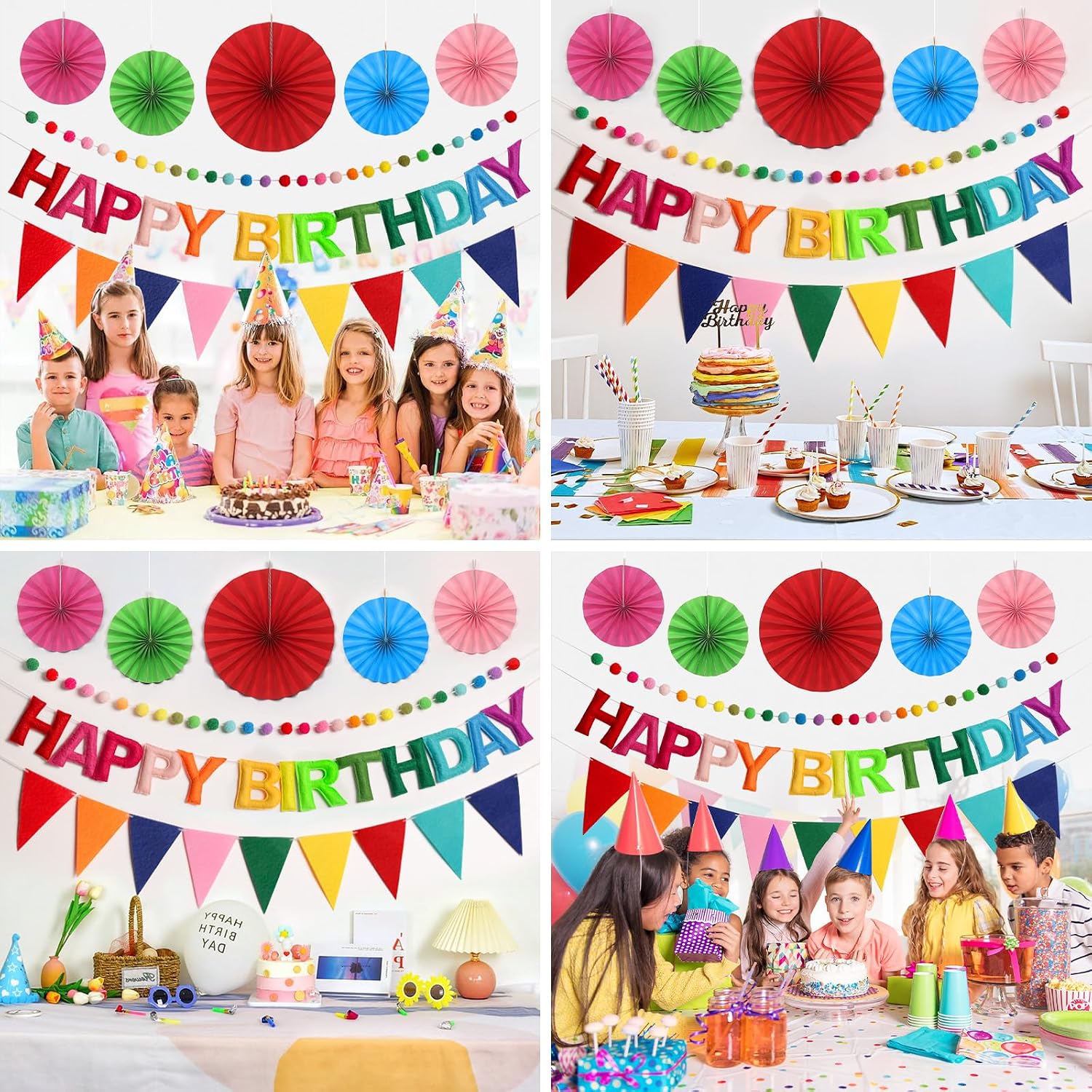 Pre-Strung Happy Birthday Banner, Reusable Felt Birthday Party Decorations, 3D Effect Happy Birthday Sign with Felt Ball Garland, Pennant Flag, Hanging Paper Fans for Men Women Boy Girls (Rainbow)
