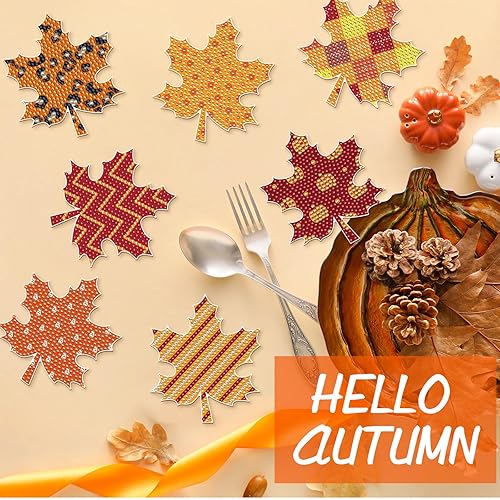 Miniatura 6 de FairySandy Juego de 10 posavasos de pintura de diamantes con tema de hoja de arce de otoño para Acción de Gracias con soporte, kits de posavasos de