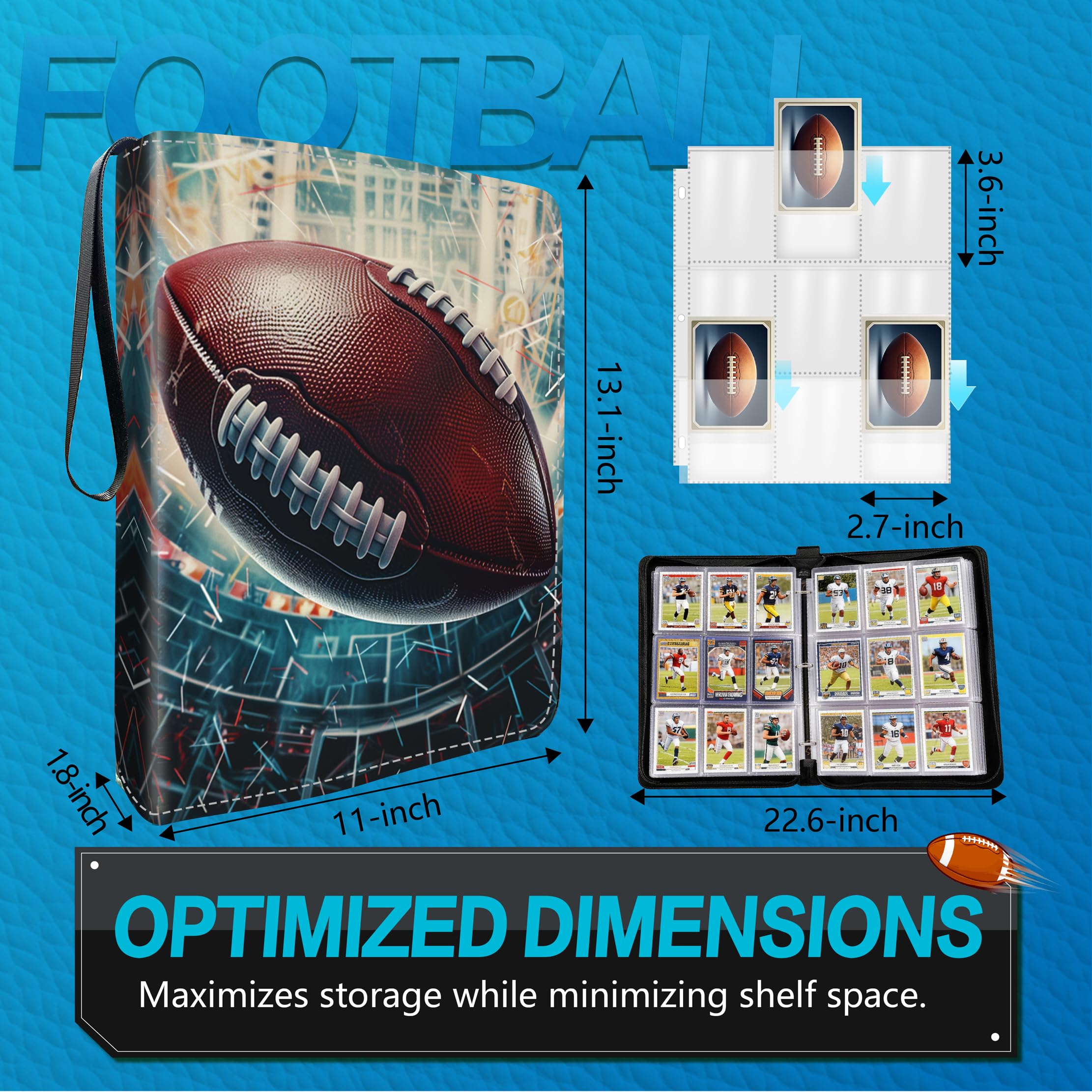 XS04 Classeur pour cartes de football avec pochettes, 9 pochettes de protection pour cartes de football avec fermeture éclair, peut contenir 900 cartes avec 50 pochettes amovibles, étui de transport