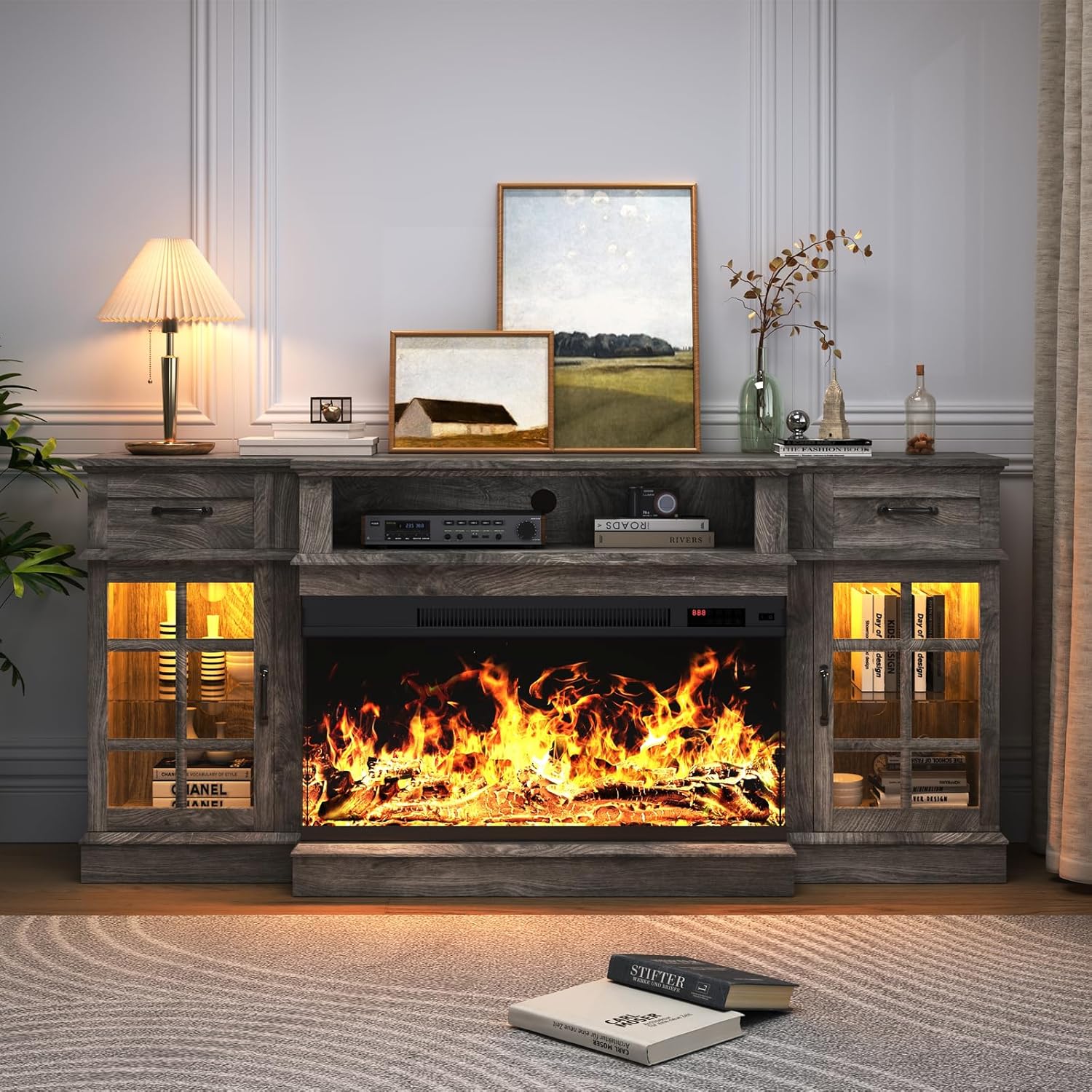 70" TV Stand with 36" Electric Fireplace, Entertainment Center Console Table for TV up to 80'', Fireplace TV Stand with Open Storage Shelves and Glass Door for Living Room, Grey