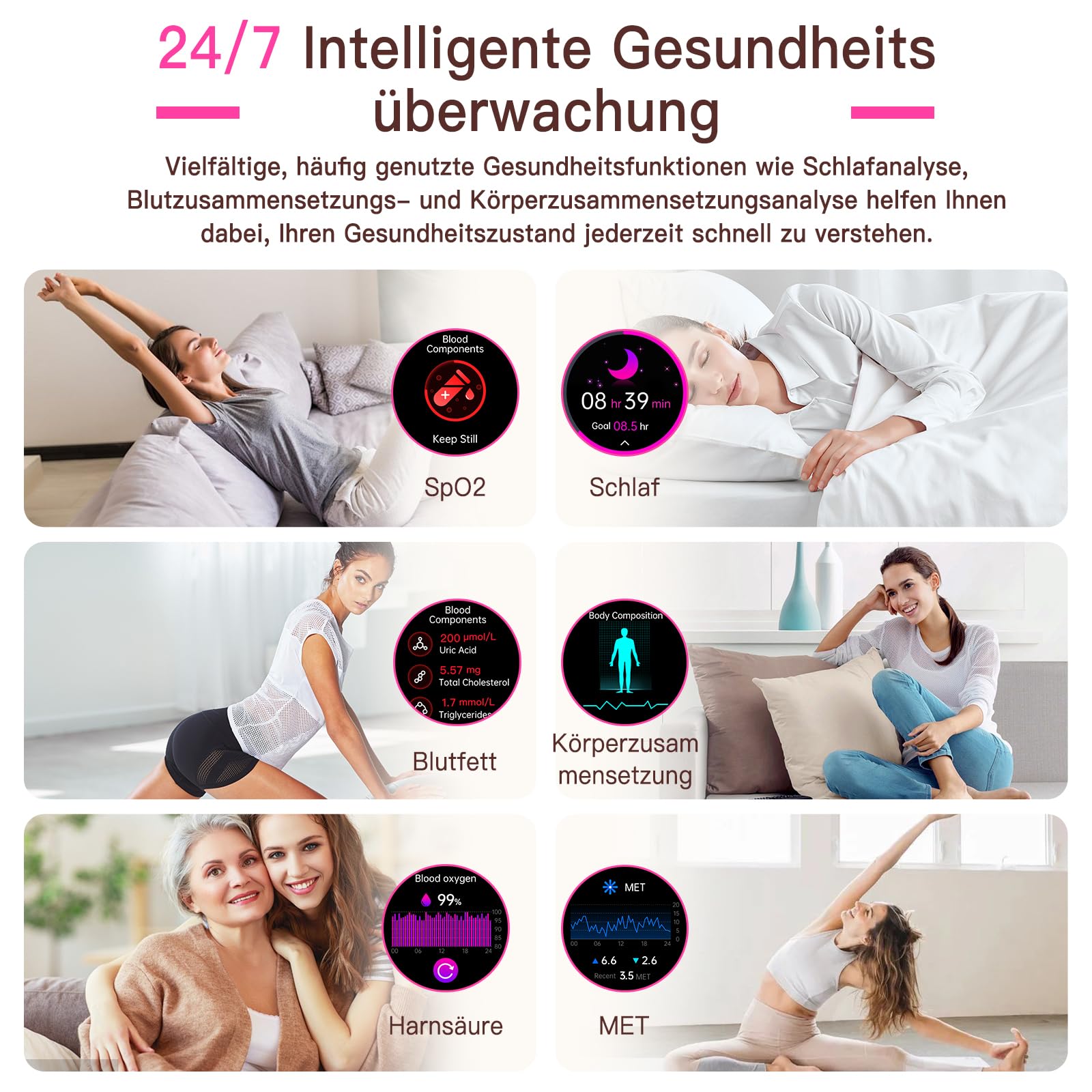 Smartwatch Damen mit EKG+HRV/Blutdruck/BMI/Harnsäure, Rund 1,43" AMOLED Gesundheitsuhr Damen mit Telefonfunktion, 24H Pulsuhr Schlafmonitor Menstruationszyklus für Fitness Tracker iOS Android