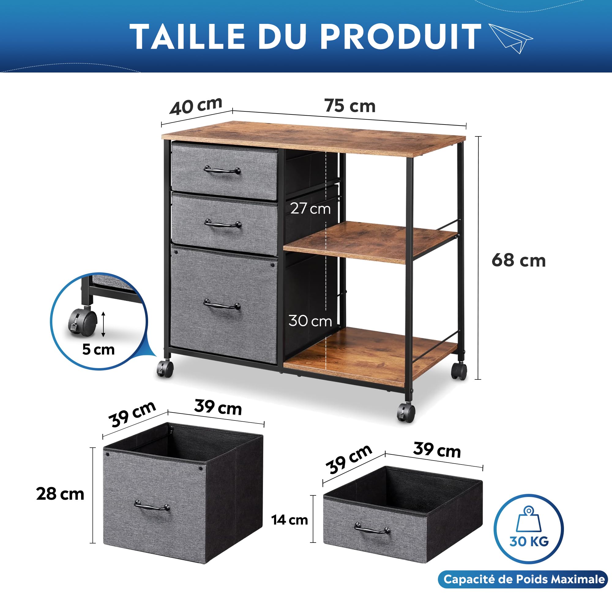DEVAISE Caisson de Bureau Mobile 3 Tiroirs - Meuble Imprimante avec Étagère Ouverte pour A4/Letter - Gris