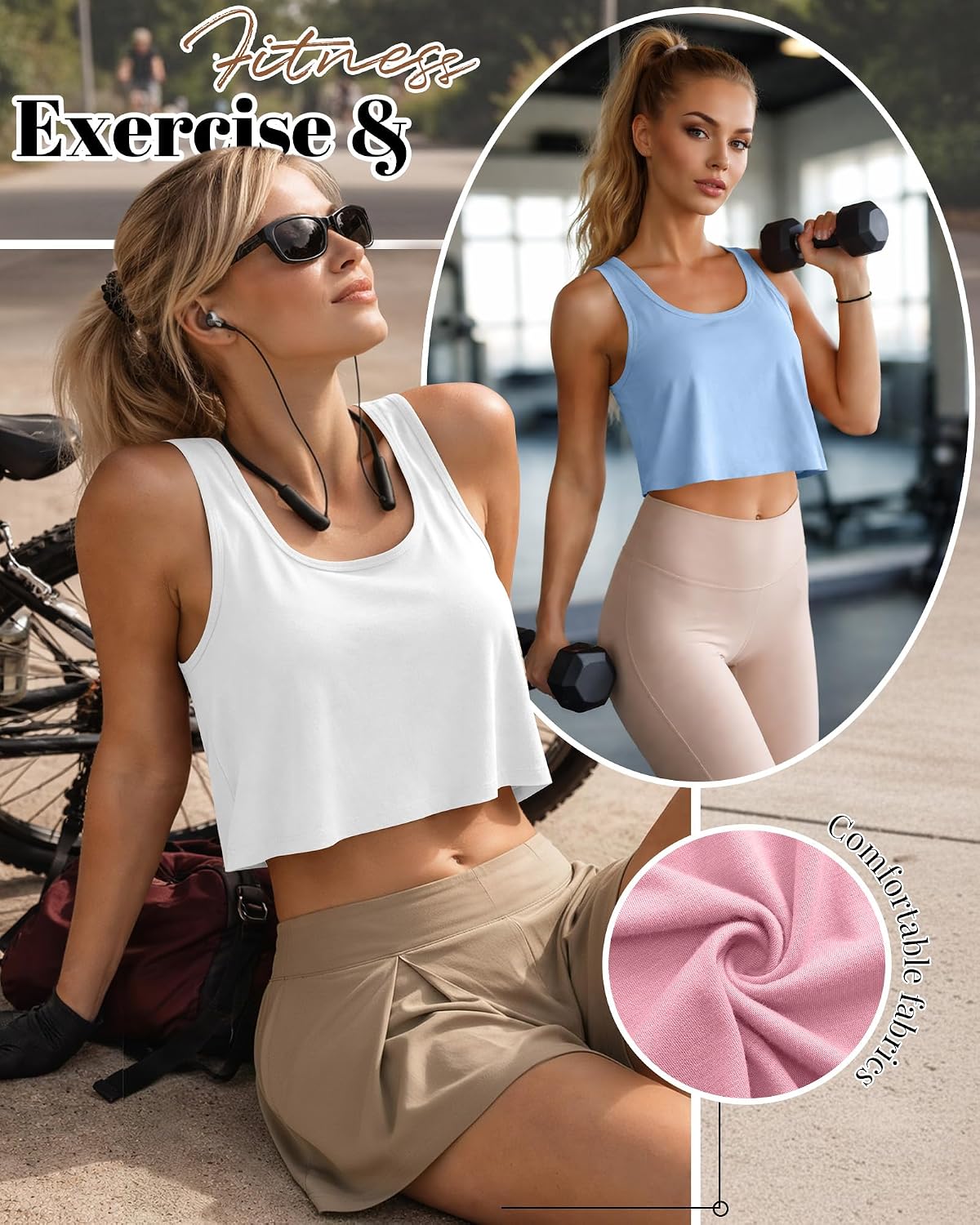 4 Pack Women's Crop Tanks Casual Sleeveless Shirts Loose Fit Scoop Neck T-Shirts Summer Tees Solid Workout Tops