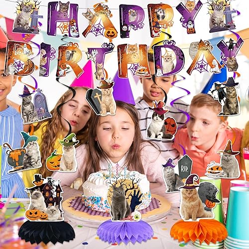 Miniatura 4 de Suministros para fiesta de cumpleaños de gatos de Halloween, decoraciones de fiesta de cumpleaños de gato, incluye 1 pancarta de cumpleaños, 3