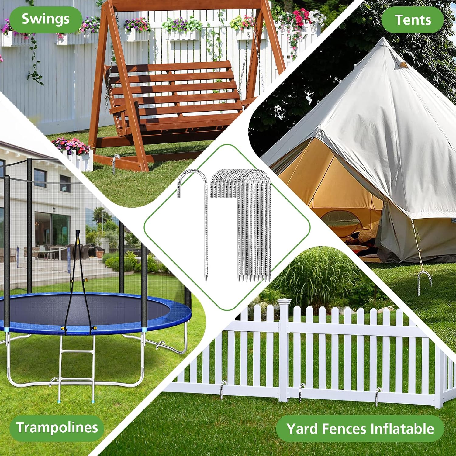 12 Inch Tent Stakes for Hind Wind & Rocky Ground - Heavy Duty Ground Anchor Rebar Stakes 6 Pack - Galvanized Steel Trampoline Stakes J-Shaped for Secure Trampolines, Fences, Tent, Inflatables