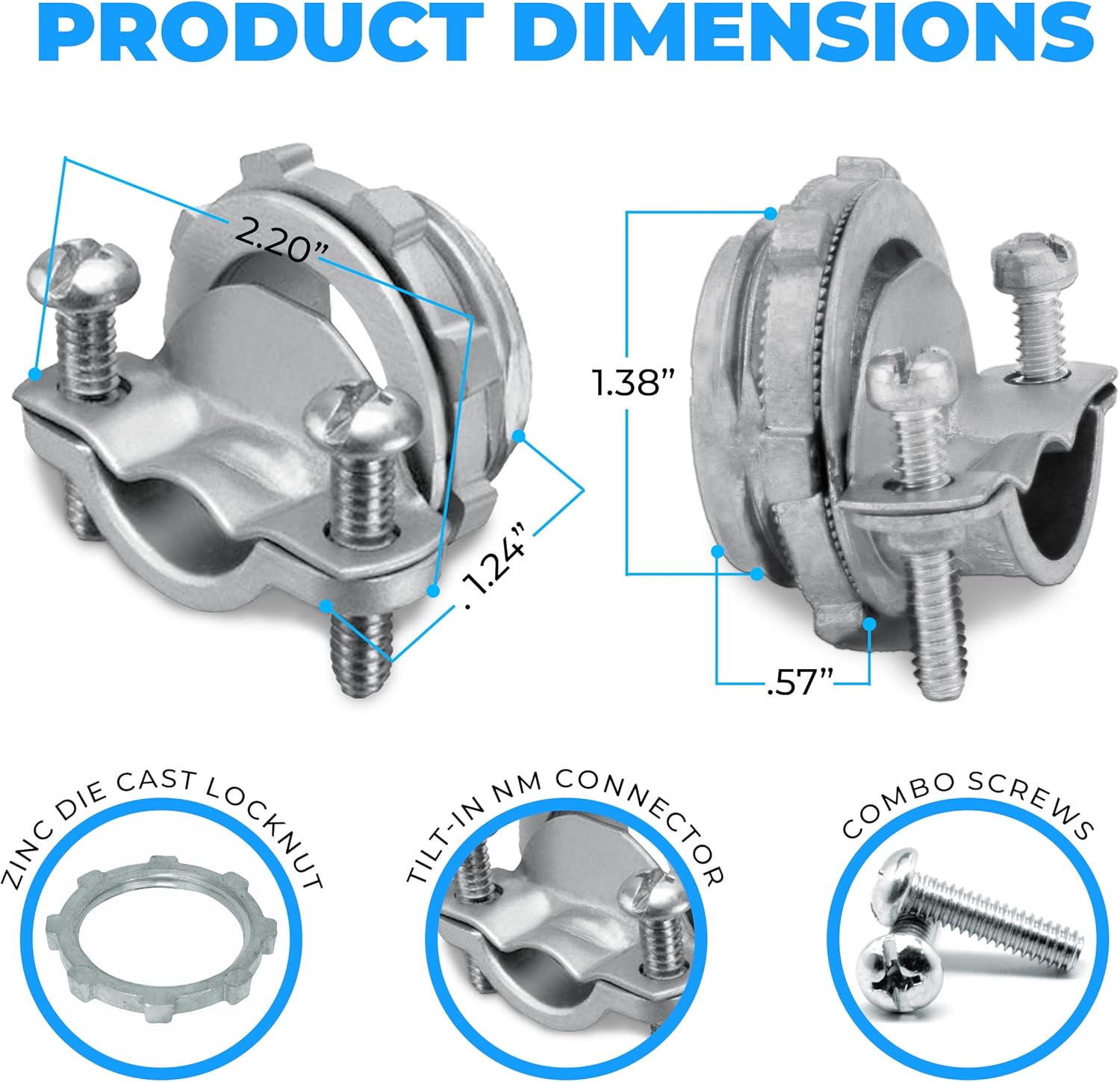OhLectric 1-¼” Cable Connectors for Locknut to Terminate Service Entrance Cable to Enclosure; Connector for Type SEU and NM Cable; Zinc Die-Cast Round Connector; Twin Screws - Pack of 15 - OL-34504