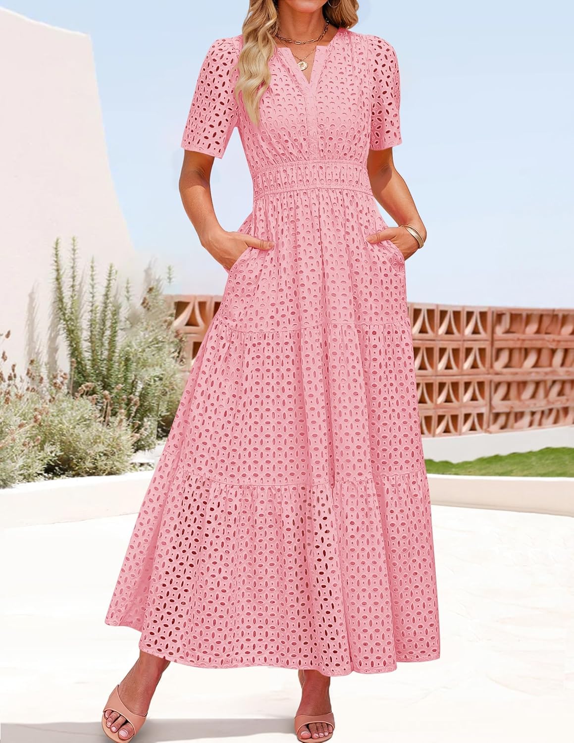 ZESICA Women's 2026 Summer Short Sleeve Maxi Dress Casual V Neck Hollow Out Eyelet Ruffle Swing A Line Long Dresses - Image 3