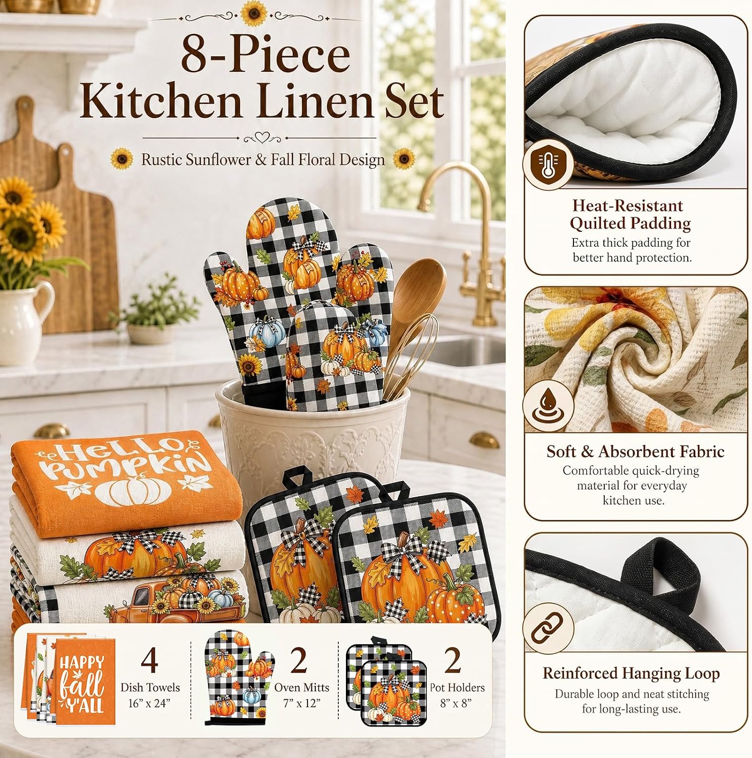Fall Pumpkin Kitchen Decor, 4 Towels 2 Oven Mitts 2 Pot Holders