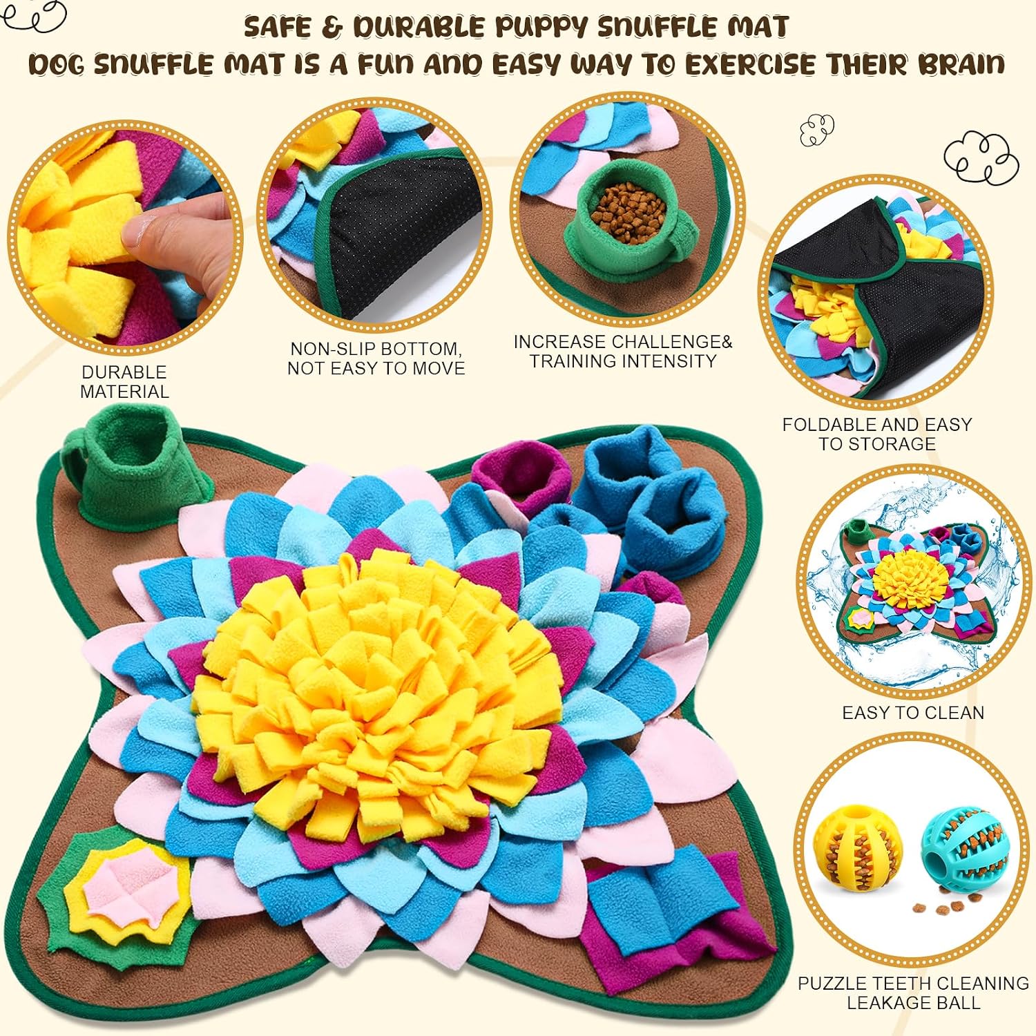 Arrowbash Snuffle Mat for Dogs Cats 18.8 x 18.8 Inch Interactive Sniff Feeding Mat with 2 Pack Toy Balls for Small & Medium Puppies, Encourages Natural Foraging Skills, Training and Stress Release