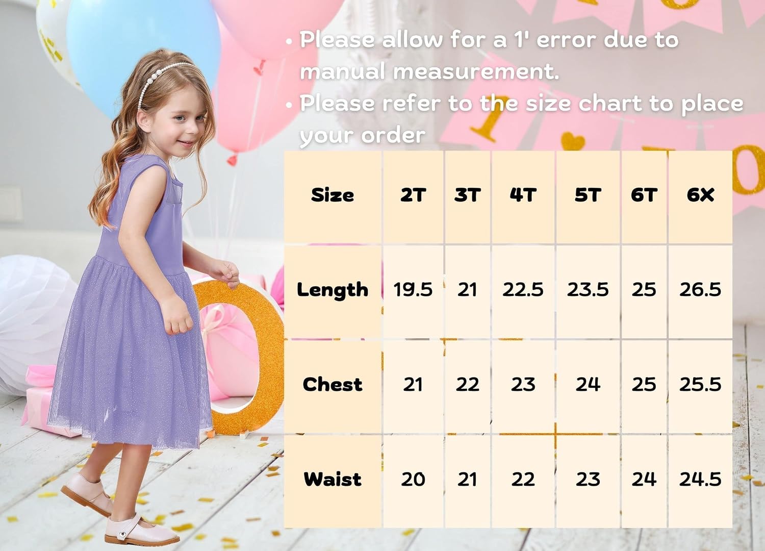 V.&GRIN Toddler Girls Dress 2T to Size 8, Tutu Tulle Princess Sundress with Glitter for Birthday Party