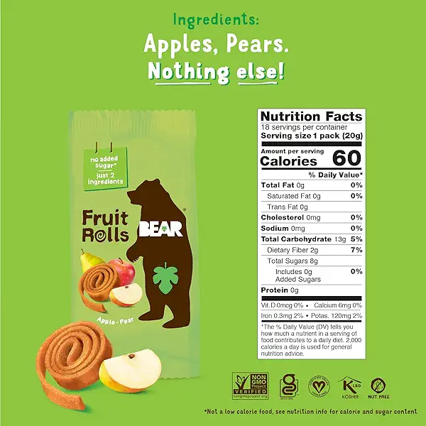 BEAR Real Fruit Snack Rolls - Gluten Free, Vegan, and Non-GMO - Apple – Healthy School And Lunch Snacks For Kids And Adults, 0.7 Ounce (Pack of 18) 2