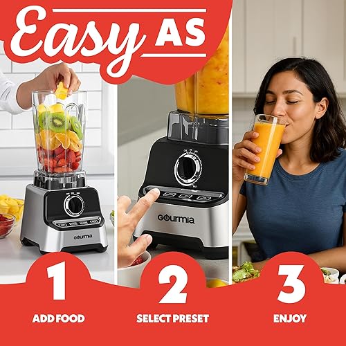 Miniatura 10 de Gourmia Licuadora de encimera - Jarra sin BPA de 2 L, 4 preajustes, motor de alta velocidad de 1500 W (45,000 RPM), marcación de velocidad variable,