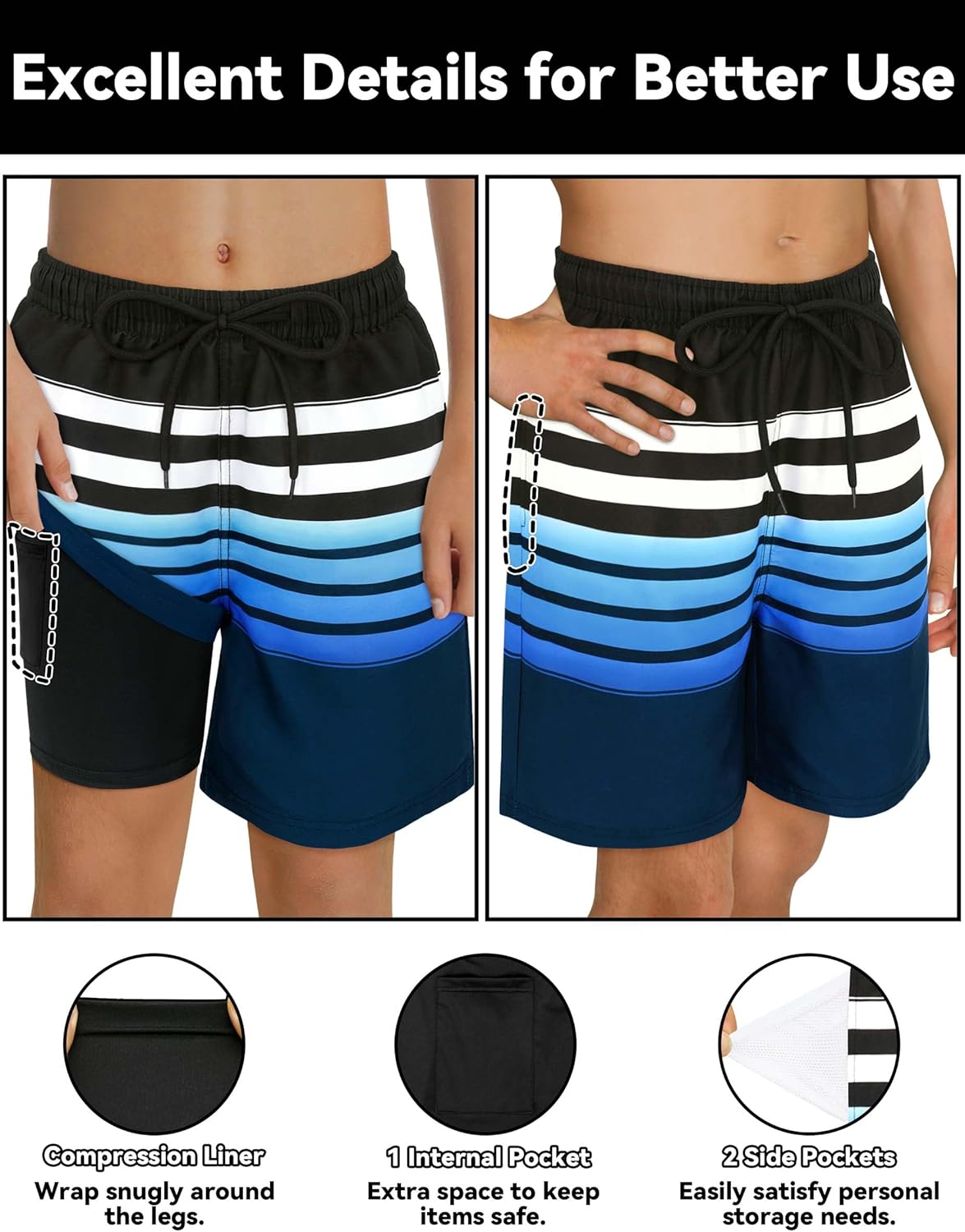 Olreco Boys Swim Trunks with Compression Liner Kids Bathing Suit Boys Board Shorts Quick Dry Teen Swimsuit Kids Swim Shorts - Image 2