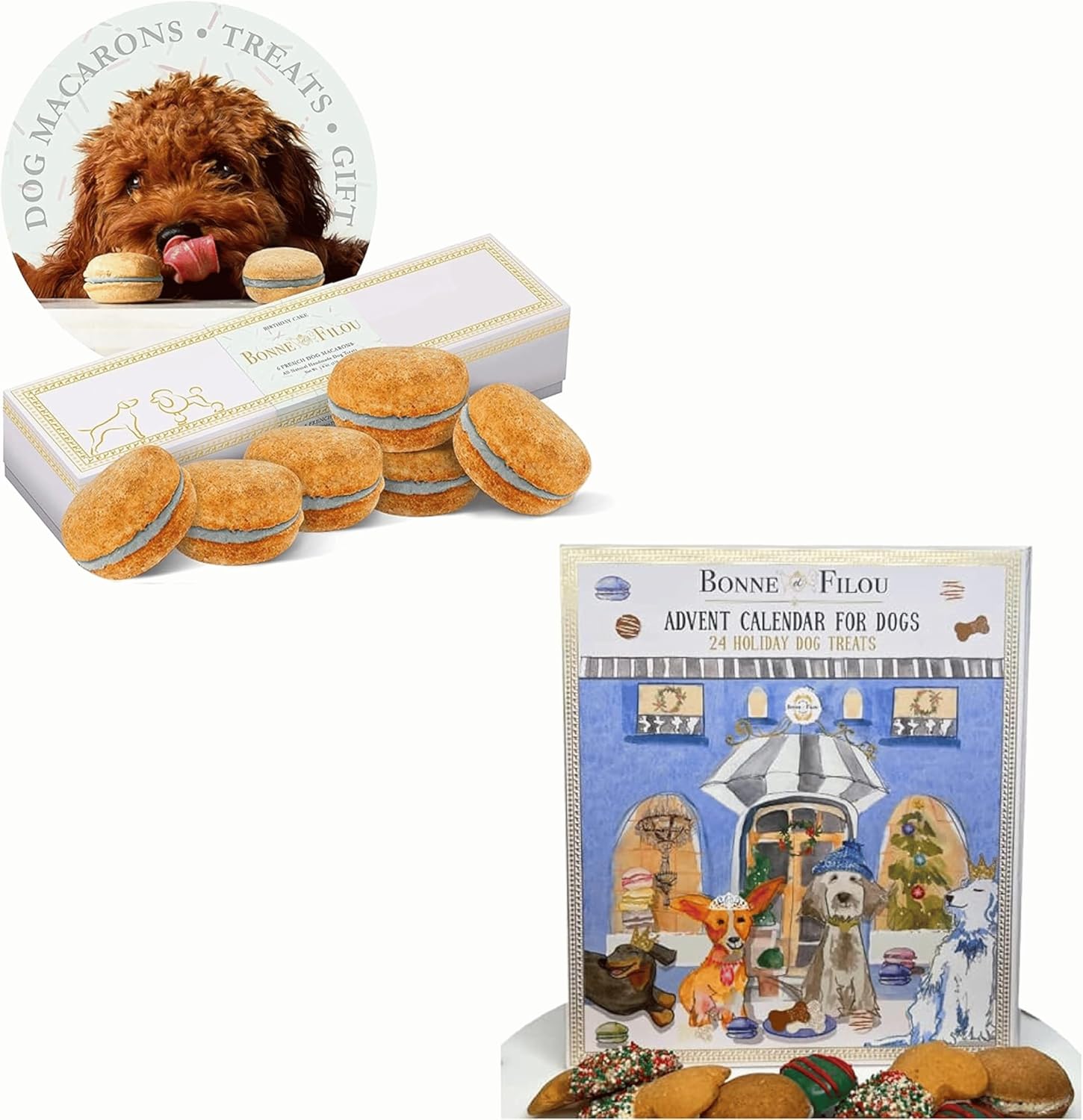 Bonne et Filou Luxury Handmade Gourmet Peanut Butter Dog Macarons Treats (3x6 Pack) and Advent Calendar 2022-24 Hand Designed Luxury Dog Treats with Dog Macarons, Truffles & Bone Cookies