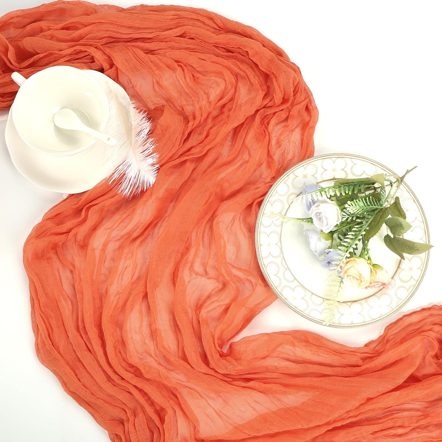 6 Pack Orange Table Runner 10ft Boho Gauze Fabric Cheesecloth Table Runner 35 x 120 Inch Rustic Sheer Runner for Holiday Baby Shower Home Décor Party Wedding Decoration