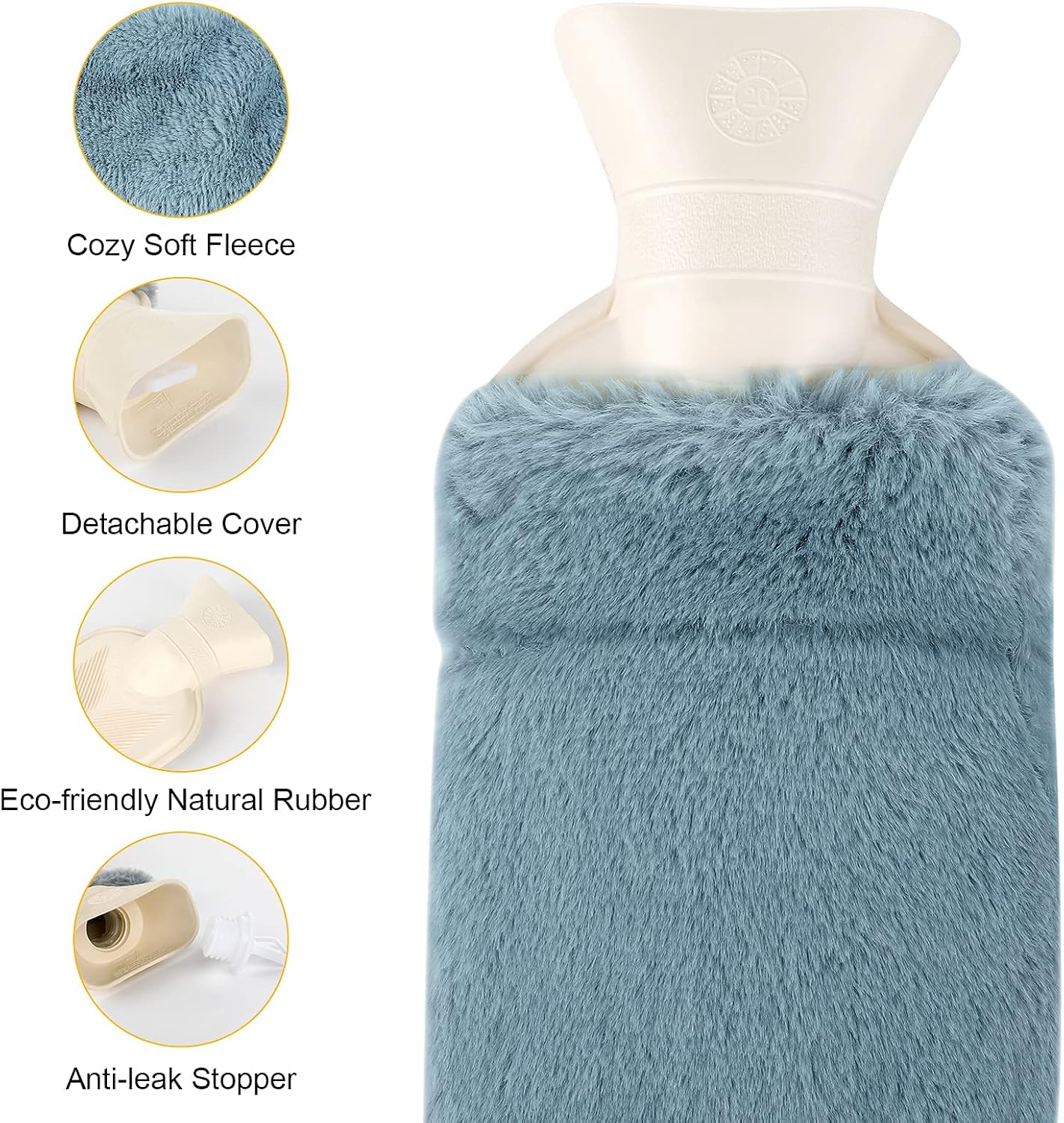 URBZUE Long Hot Water Bottle, 2L Large Rubber Hot Bottle with Soft Fluffy Cover, 73 * 14cm Extra Long for Neck Back - Image 3