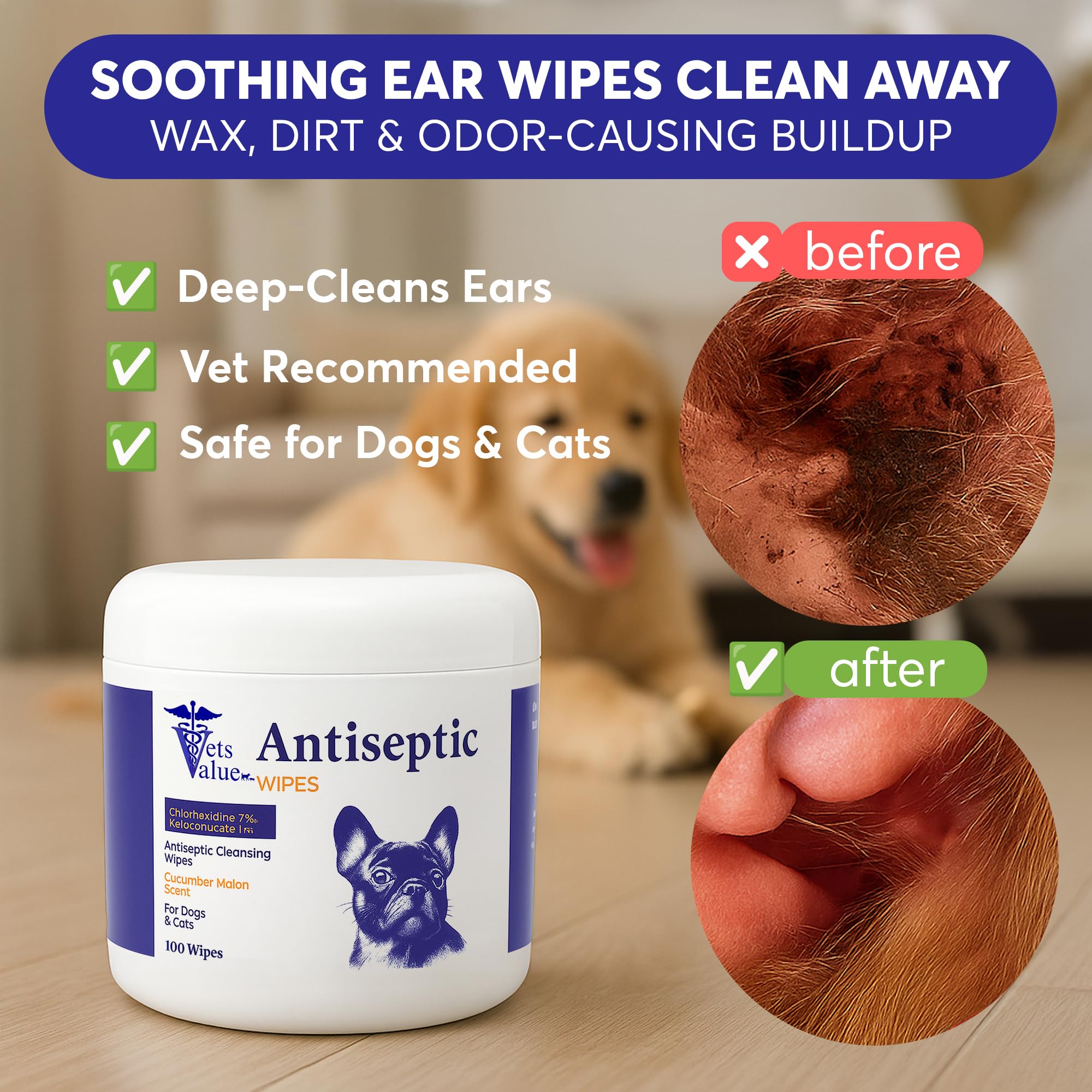 Vet’s Value Ear Cleaning Wipes for Dogs & Cats – 50ct | Alcohol-Free, Hypoallergenic, Soothing Aloe Vera | Gently Cleans, Reduces Odor & Irritation - image 3