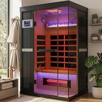 2-Person Full Spectrum Infrared Sauna Plus Himalayan Salt Rocks | 12 * 12" Red Light Therapy & 2 Built-in Speakers, 2000W - 120V Indoor Hemlock Dry Sauna, Dual LED Controls for Home & Gym