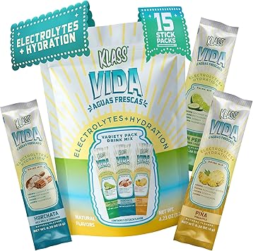KLASS VIDA Variety Pack Pineapple, Horchata & Cucumber Limeade Agua Fresca Electrolytes | Electrolyte Drink Mix | Sugar Free Electrolytes | Hydration Packets | 15 Stick Packs