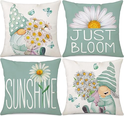 Juego de 4 fundas de almohada decorativas para primavera y verano, 18 x 18 pulgadas, color azul claro, para sofá, patio, diseño de gnomos florales