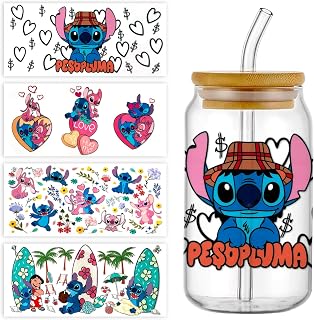 Garetheora 4Sheets Cartoon UV DTF Cup Wrap Transfer Stickers for 16oz Glass Cups, Rub on Transfers for Crafts Cup Decal Stickers (B)