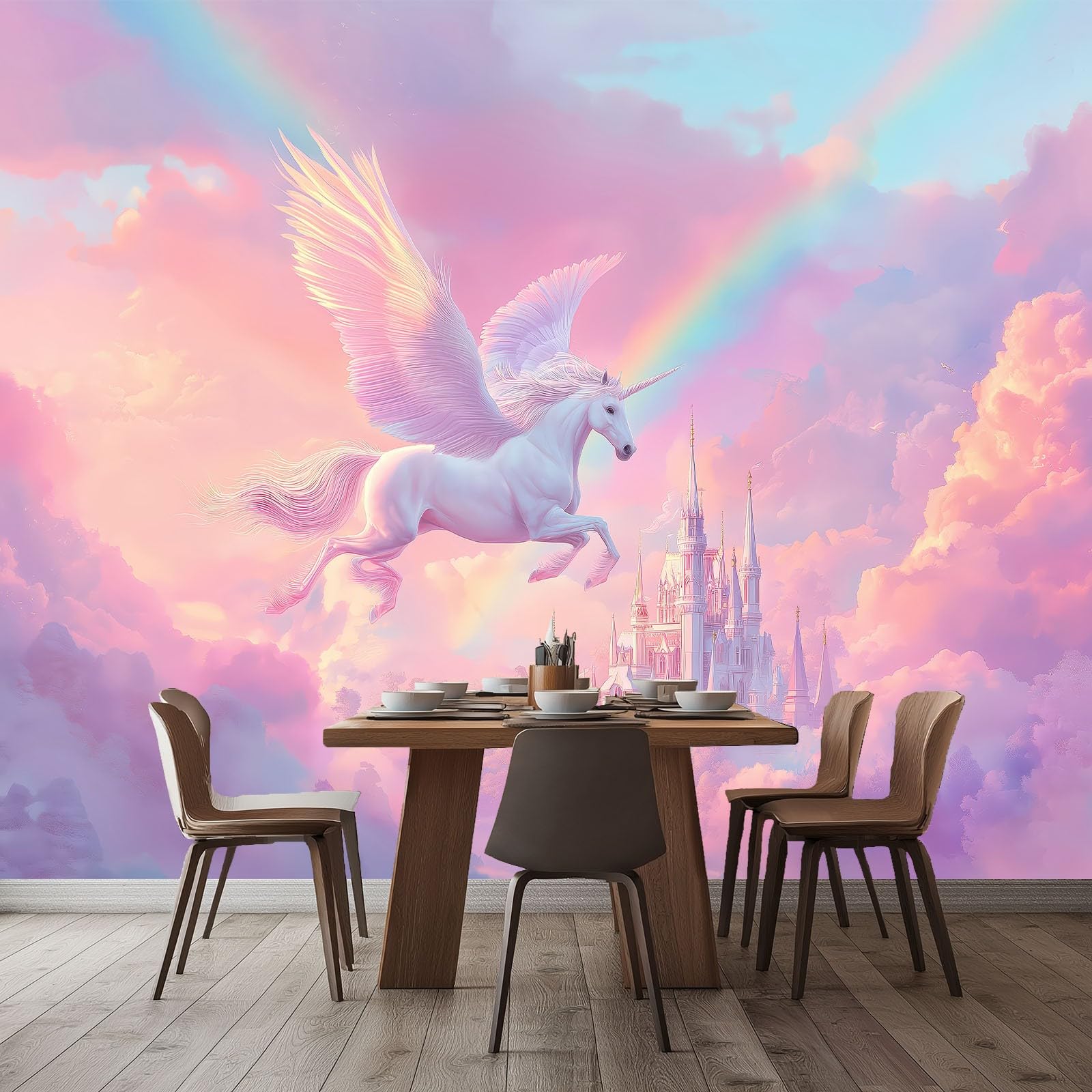 Tapeta 3D fioletowy 300 x 210 cm - fototapeta kreskówka jednorożec niebo zamek do pokoju dziecięcego nastolatka, włóknina łatwa do nałożenia dekoracja pokoju zabaw