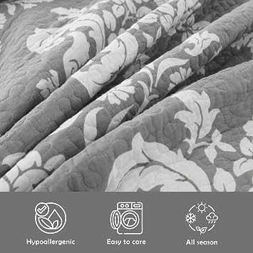 Queen Size Quilt - 100% Cotton Grey Quilt Set, Gray Floral Pattern Farmhouse Bedspread Set, Queen Lightweight Reversible Queen Quilt Bedding Set for All Season,Gray Grey White 3-Piece