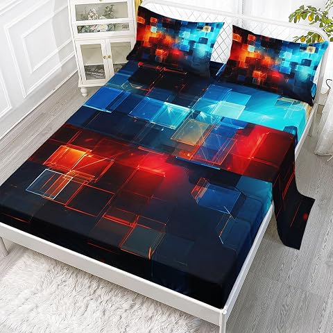 Blue Geometric Cubes Printed Queen Sheets Set 4 Pcs Bed Sheet for Teens Boys Girls with 1 Flat