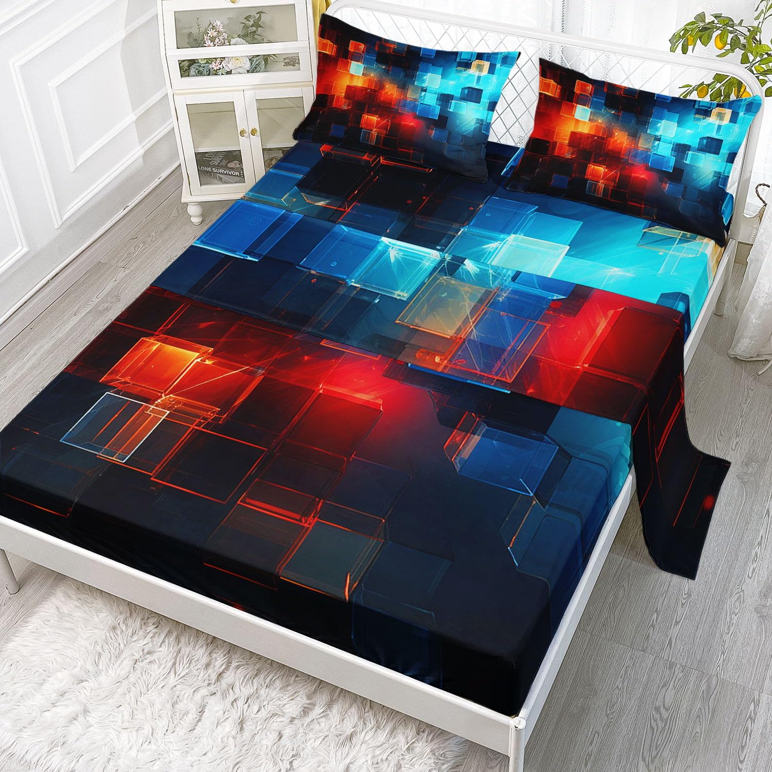 Blue Geometric Cubes Printed Queen Sheets Set 4 Pcs Bed Sheet for Teens Boys Girls with 1 Flat