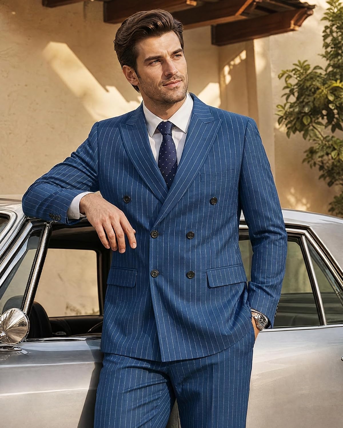 MY'S Men's Double-Breasted Suit, 2 Piece Suit Slim Fit Stripe Tuxedo, Jacket Blazer Pants with Tie Wedding Business Party