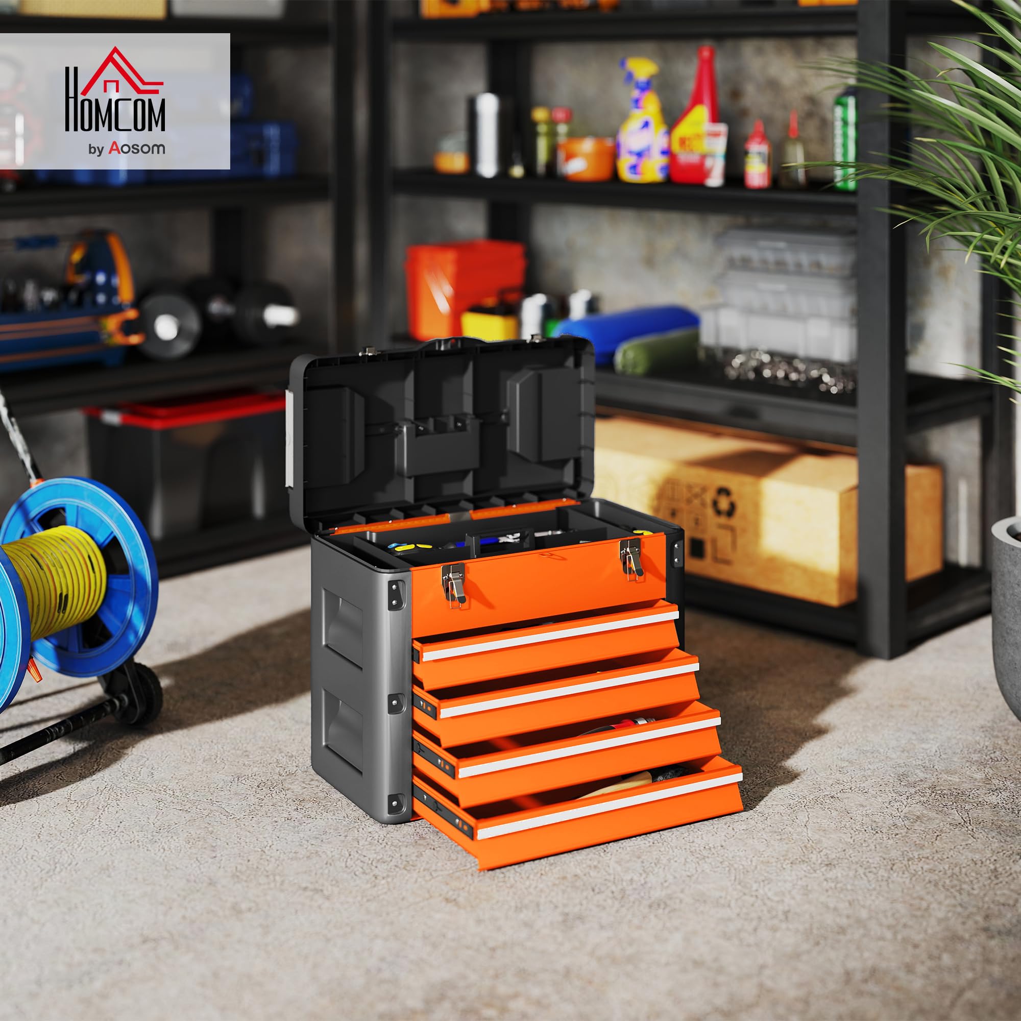 HOMCOM Cassetta Porta Attrezzi con 4 Cassetti Arancione e Nero | Scomparto Superiore, Cassettiera per Utensili e Minuterie, in Acciaio e Plastica