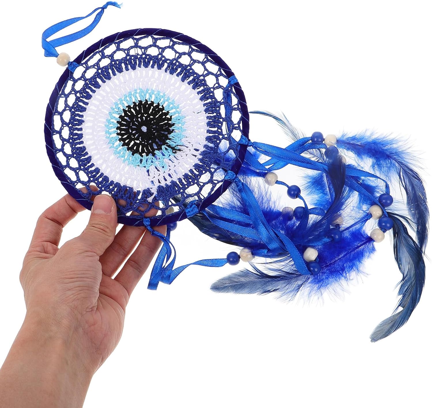 Blue Eye Dream Catcher Wall Hanging Ornament with Plumage Beads, Good Luck Home Protection Decoration for Bedroom and Living Room