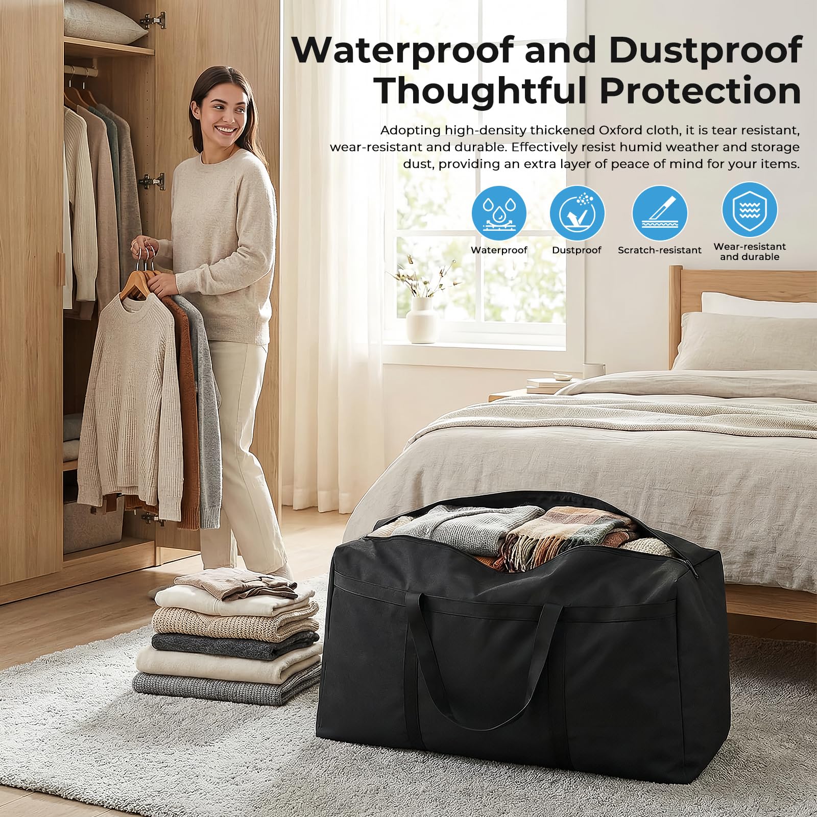 Lot de 4 Sacs de déménagement de 105 L, Grands sacs de rangement avec fermetures éclair, Oxford Noir imperméables sac de demenagement pour coussins, vêtements, linge de lit, rangement
