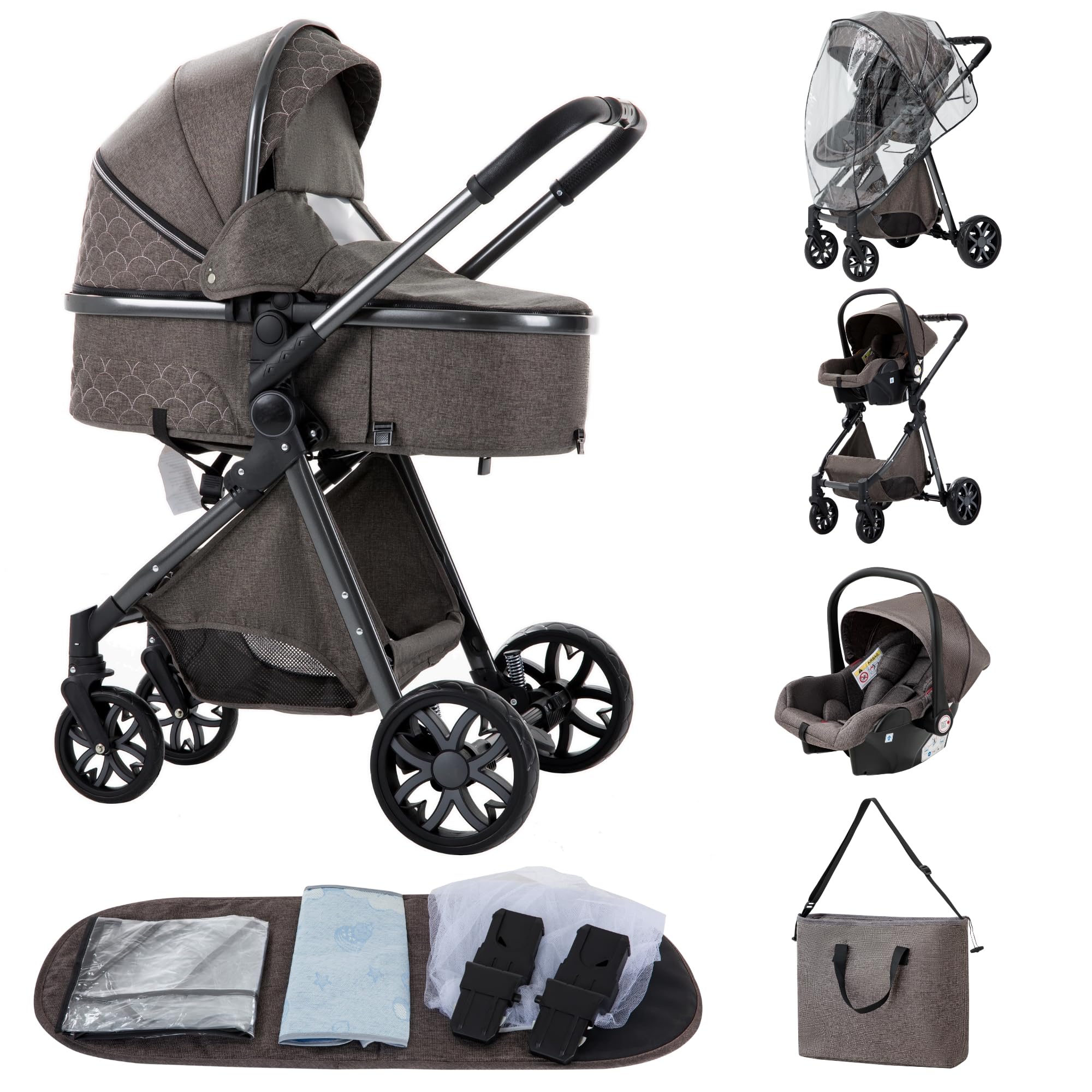 ALYIKOU trio passeggino neonati in offerta fino 25 kg,Carrozzina reversibile fronte mamma e strada, Pieghevole，Con borsa mamma, portabicchieri, copertura antipioggia