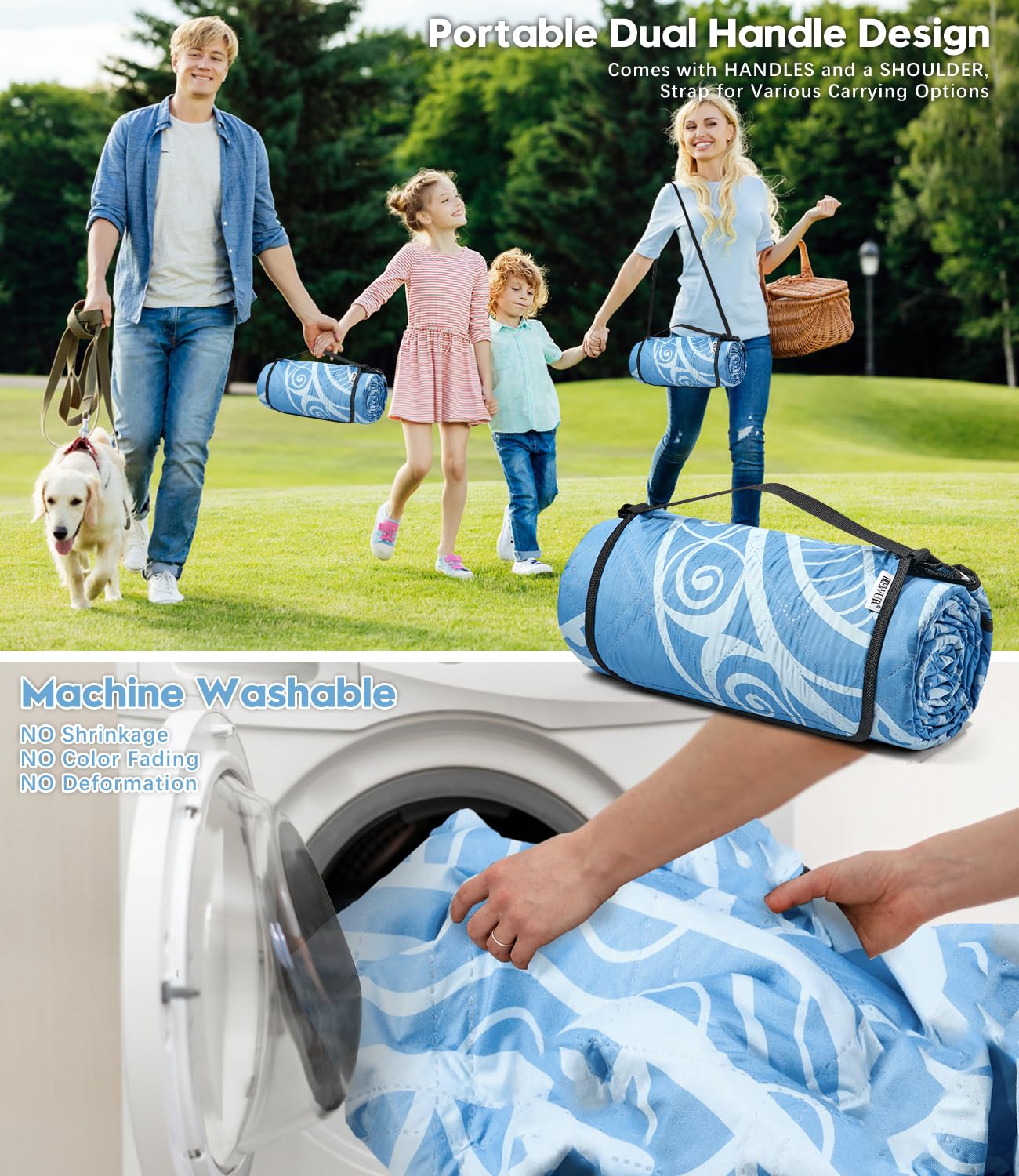 DEWUR Couverture de Pique-Nique imperméable et Pliable Extra Large pour Plage, Camping, pelouse, Parc - 200 x 200cm (Feuilles Bleues)