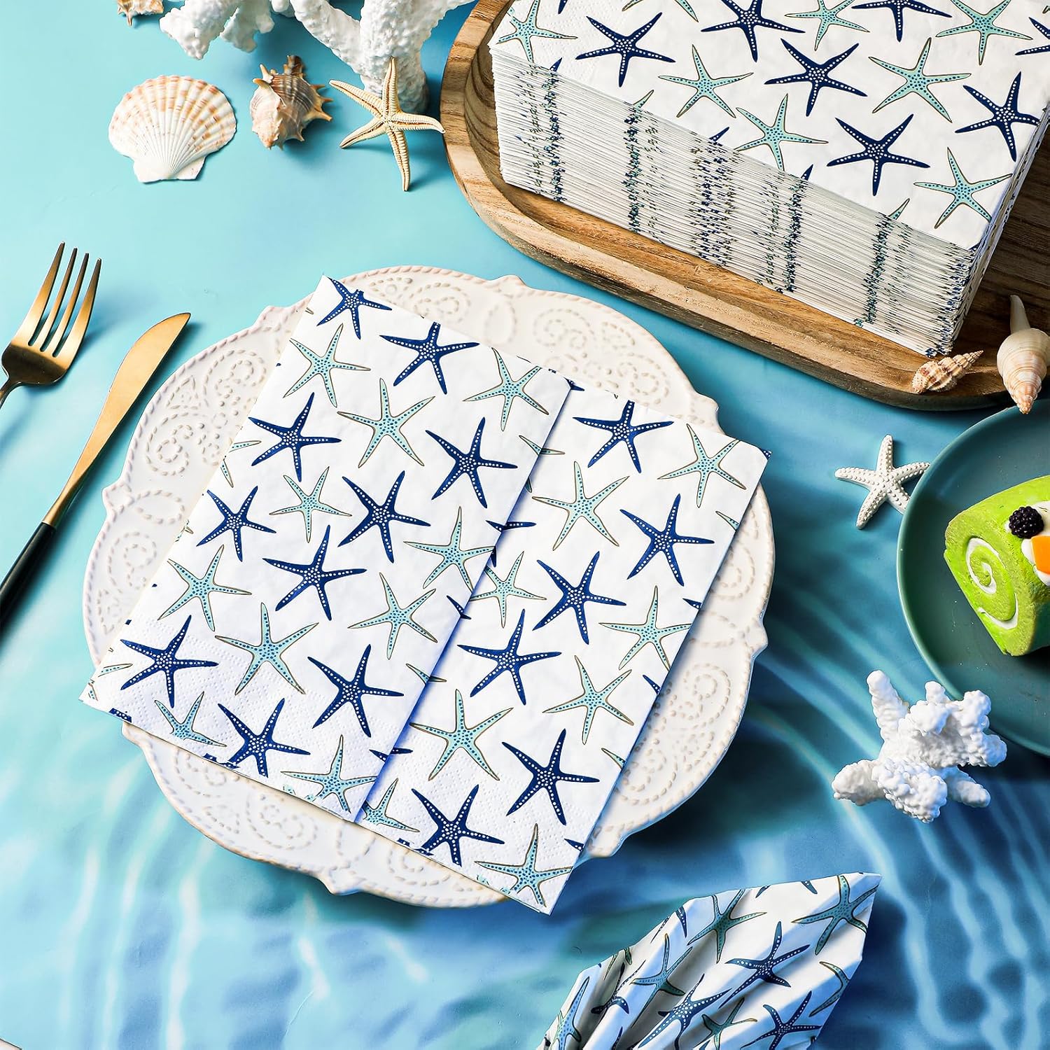 Seajan 200 Pcs Paper Guest Napkins Disposable Hand Towels for Bathroom Paper Disposable Guest Towels Napkins for Spring and Summer Wedding Bathroom Birthday Dinner Party(Starfish)