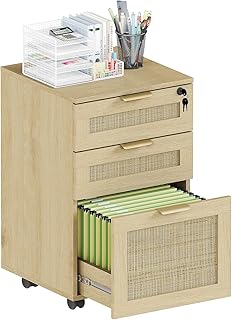 HOPUBUY 3 Drawer File Cabinet with Lock, Rattan File Cabinets with Wheels, Small Filing Cabinet for Hanging A4/Letter/Legal/F4, Rolling Wood Filing Cabinets for Under Desk Home Office, Oak