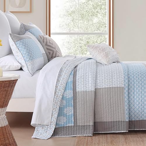 Miniatura 3 de KALOOLA Juego de edredón de retazos, tamaño Queen, 100% algodón, ligero, acolchado, juego de ropa de cama de 3 piezas, colcha floral a cuadros con 2