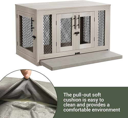 Miniatura 7 de Jaula para perro estilo muebles perrera de madera con cojín y bandeja extraíble mesa auxiliar decorativa para perros con puertas con cerradura y