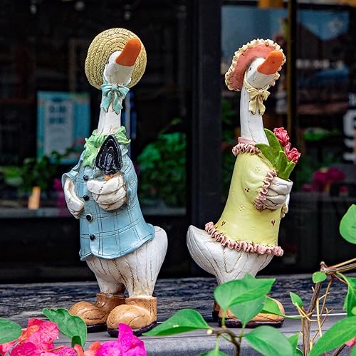 Miniatura 6 de WONDHOME Estatuas de jardín de pato para parejas sentadas, decoraciones al aire libre, divertidas estatuas de pato de dibujos animados para