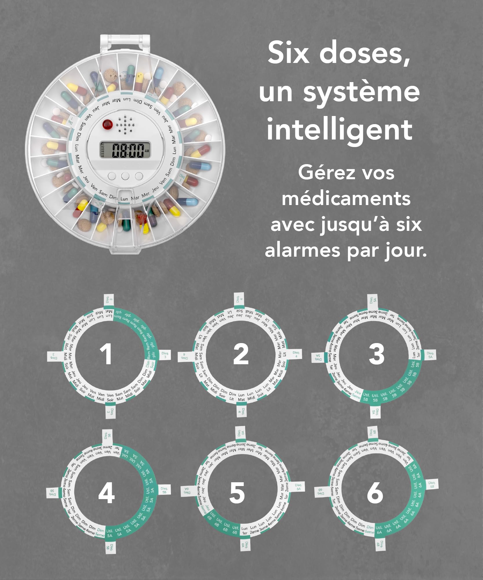 Distributeur électronique de comprimés TabTime Medelert (mode d'emploi en Français), couvercle transparent, automatique, verrouillable. Outil indispensable pour personnes âgées