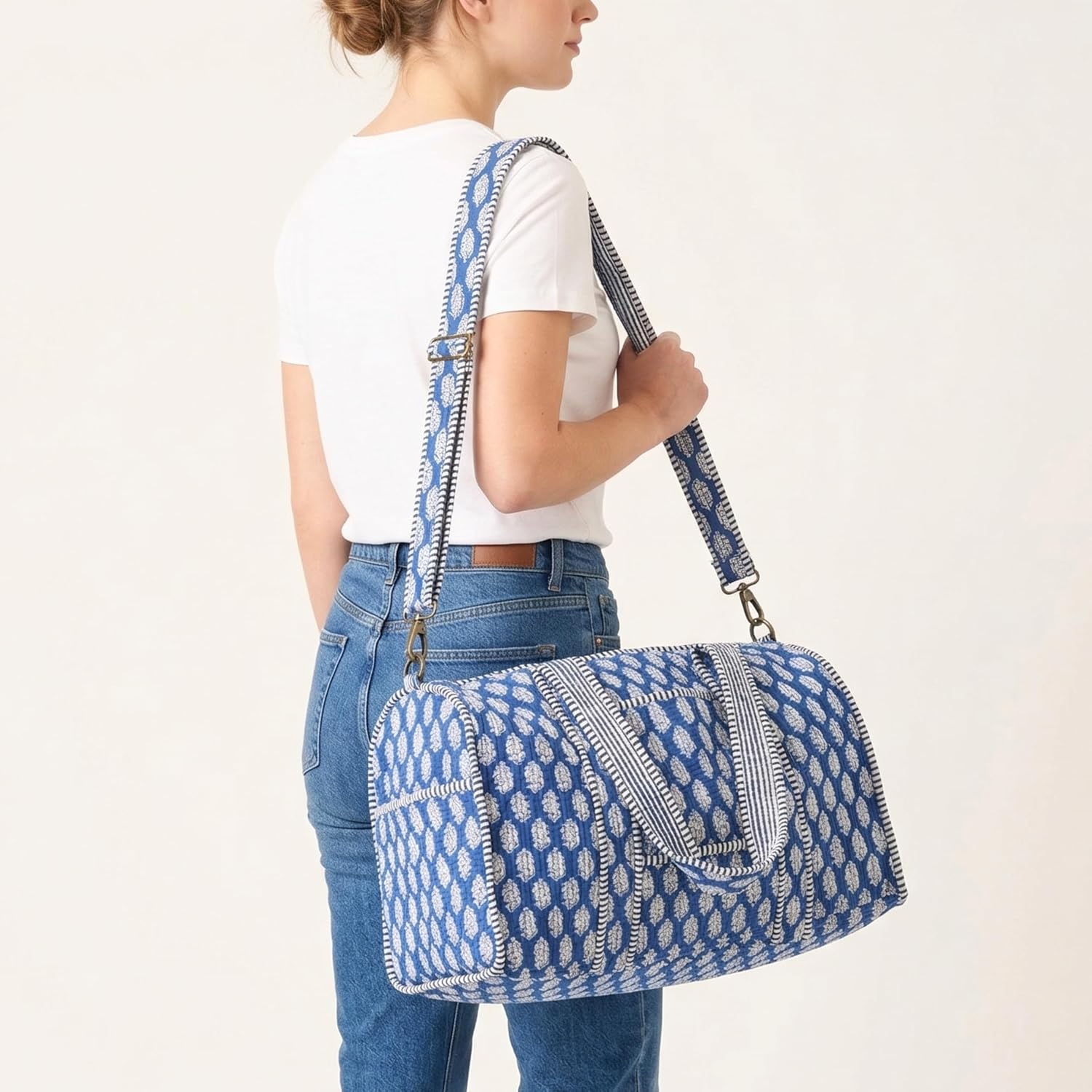 ATOSII Large Duffle Bag, Handblock Print 100% Quilted Cotton for Overnight Trip, Travel Weekender, Luggage, 2 Pockets with Zipper, 1 Front Pocket, Detachable Long Strap, 20 X 10 X 12 Inches, Celeste