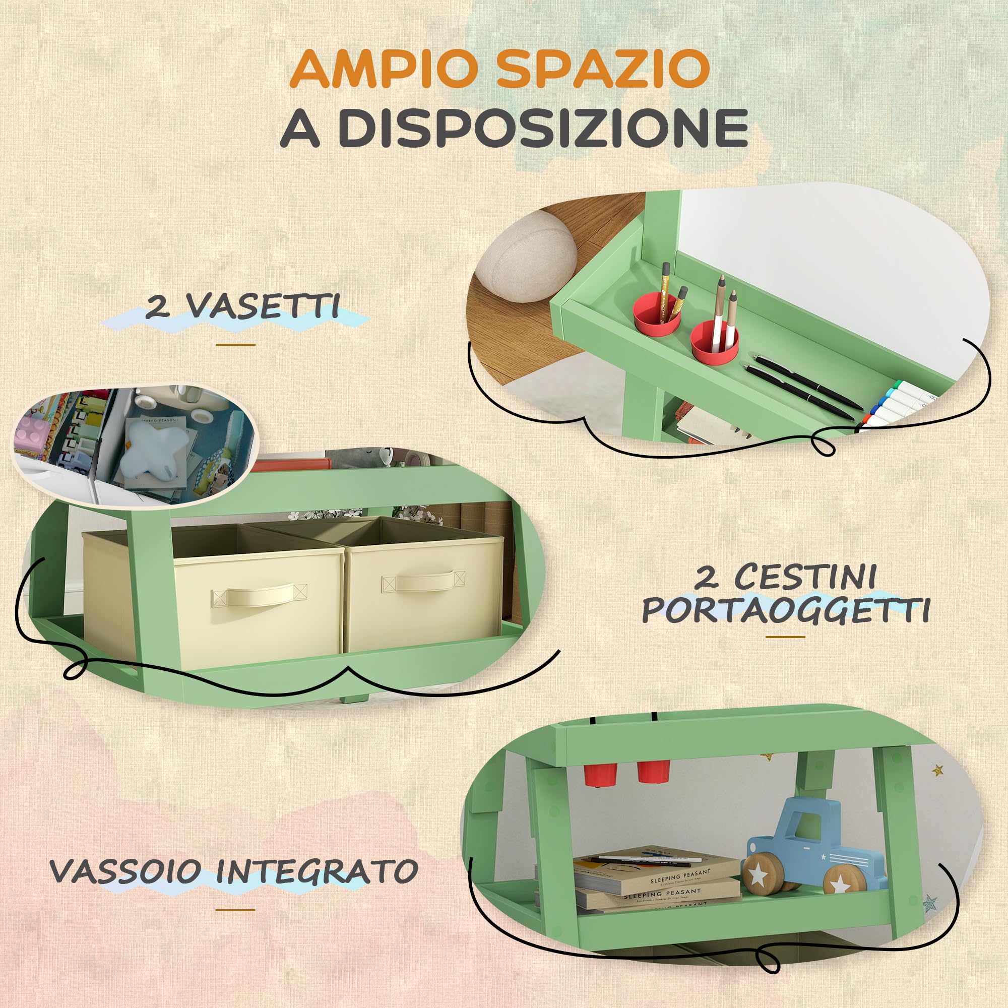 AIYAPLAY Lavagna cavalletto per bambini 3 in 1 lavagna double face bambino con pannello bianco e nero magnetico - rotolo di carta + 2 cestini portaoggetti integrati - 3-6 anni in legno verde