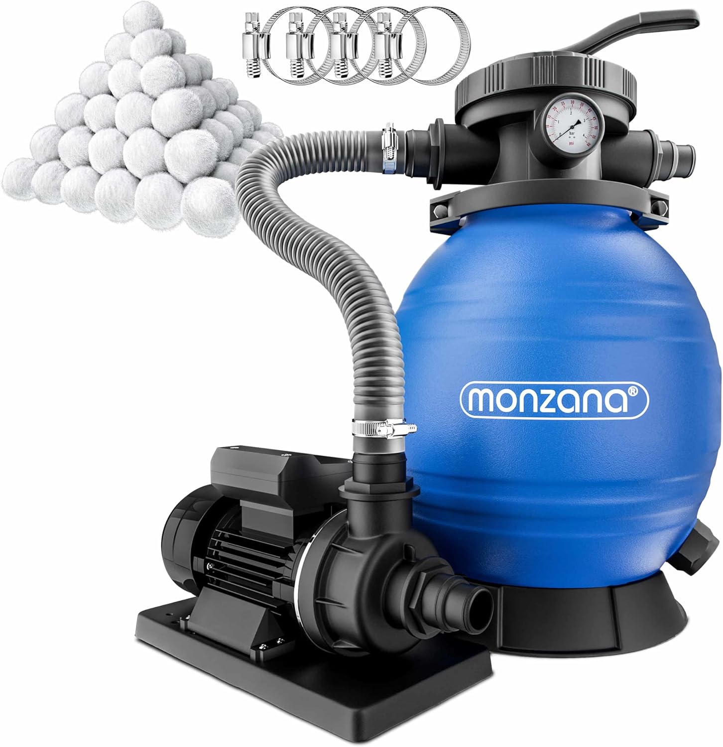 MONZANA® SF102K Sand Filter System 9,960L/h up to 30,000L Pool with Filter Balls, 7-Way Valve, 2-in-1 Adapter, Diameter 32-38 mm, 400 W Filter System, Pump Filter Boiler