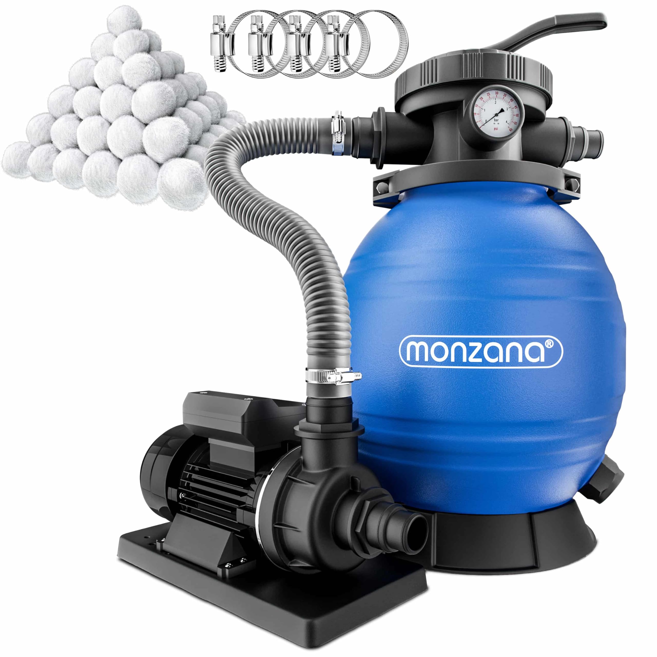 MONZANA® SF102K Sand Filter System 9,960L/h up to 30,000L Pool with Filter Balls, 7-Way Valve, 2-in-1 Adapter, Diameter 32-38 mm, 400 W Filter System, Pump Filter Boiler