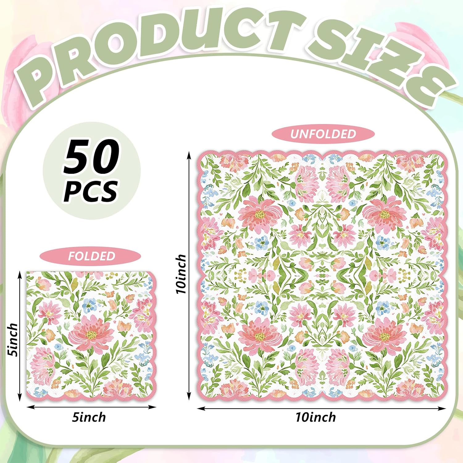 FYSUIMU 50Pcs Floral Cocktail Napkins Watercolor Pink Green Flower Disposable Paper Napkin Scalloped Beverage Napkin for Spring Wedding Birthday Party Supplies Table Decor