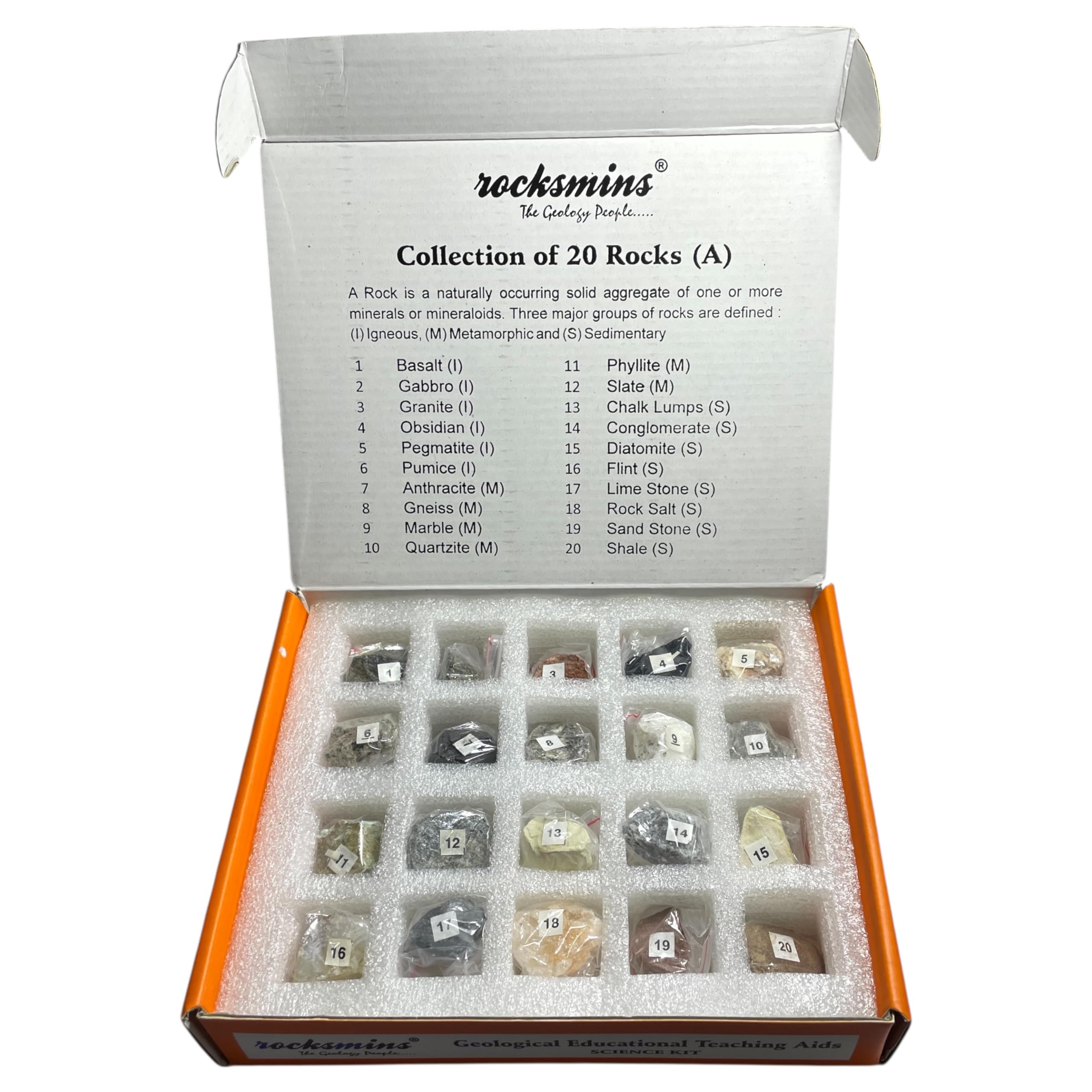Rocksmins Collection of 20 Rocks Educational Kit Real Rock Collection for Kids & Adults STEM Learning Science Kit with Identification Guide & Storage Box-image-5